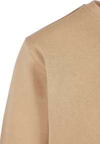 Pull en tricot beige à manches longues avec col rond côtelé, présenté en gros plan sur l'épaule et le haut de la manche.