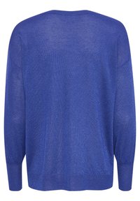 Maglione blu in maglia con una vestibilità ampia, maniche lunghe e scollatura rotonda. Il tessuto ha una leggera luminosità e una superficie leggermente strutturata.