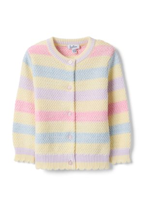 Weiche Strick-Babykardigan mit horizontalen Pastellstreifen in Gelb, Rosa, Blau und Lavendel, mit rundem Halsausschnitt und Knöpfen vorne.