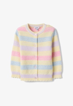 Weiche Strick-Babykardigan mit horizontalen Pastellstreifen in Gelb, Rosa, Blau und Lavendel, mit rundem Halsausschnitt und Knöpfen vorne.