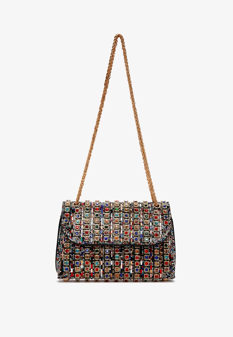 Bejeweled handbag with a structured shape, black material, and a metallic gold chain strap. Colorful gem patterns adorn the front.