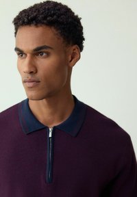Fiatal férfi rövid, göndör hajjal, sötétlila, cipzáras pulóvert visel tengerészkék gallérral, enyhén oldalra tekint egyszerű háttér előtt.