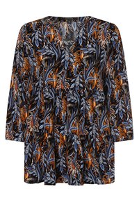 Blumenmuster-Tunika mit V-Ausschnitt, Dreiviertelärmeln und Lagen in Schwarz, Blau, Orange und Weiß, aus leichtem Stoff gefertigt.