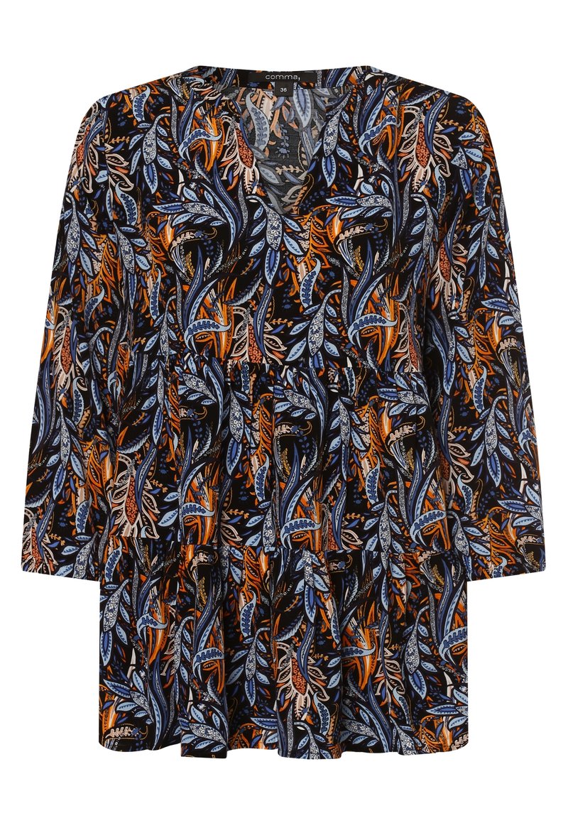 Blumenmuster-Tunika mit V-Ausschnitt, Dreiviertelärmeln und Lagen in Schwarz, Blau, Orange und Weiß, aus leichtem Stoff gefertigt.