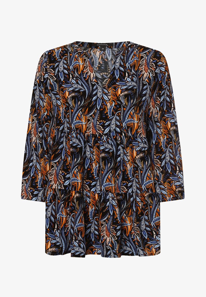 Tunika con stampa floreale caratterizzata da scollatura a V, maniche a tre quarti e strati nei colori nero, blu, arancione e bianco, realizzata in tessuto leggero.