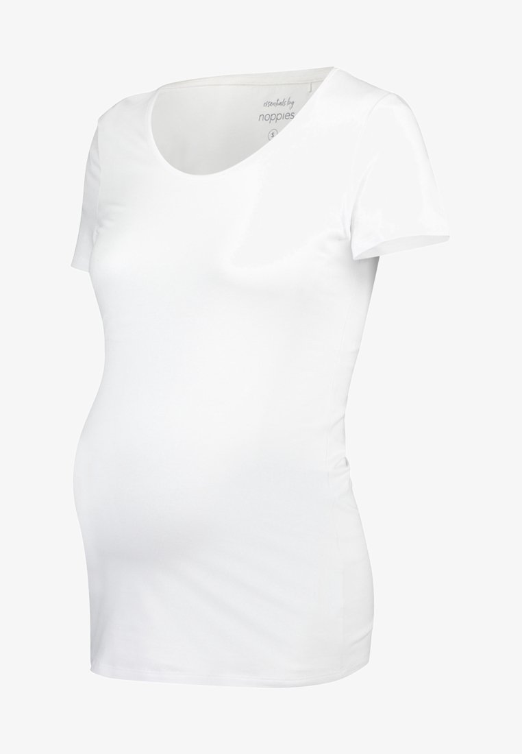 Vit kortärmad graviditetstopp med rund halsringning. Tillverkad av mjukt, elastiskt tyg, utformat för att passa över en växande mage.