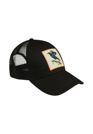 Casquette de baseball noire en mesh avec un panneau avant solide et un patch carré montrant un oiseau bleu perché sur une branche avec une bordure orange.