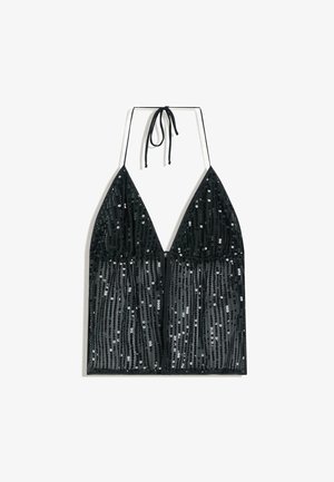 Sort halterneck-top med en dyb V-udskæring, pyntet med pailletter, med et gennemsigtigt design og tynde halsbånd.