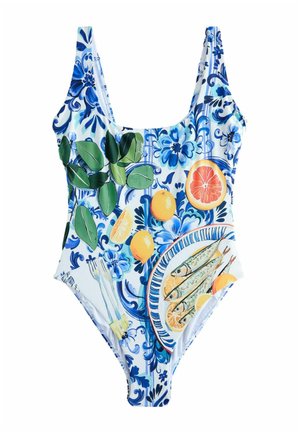TUMMY CONTROL SCOOP - Badeanzug - blue white porcelain sardine print