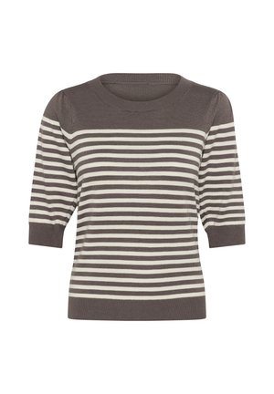 Prugasti pulover u tamnosivoj i krem boji, s kratkim rukavima, okruglim izrezom i mekanom, pletenom teksturom.