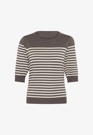 Prugasta pulover v temno sivi in krem barvi, z kratkimi rokavi, okroglim izrezom in mehkobo pletenine.