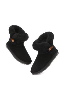 Black suede ankle boots with a soft black fur cuff, featuring a button accent and textured rubber sole for grip.