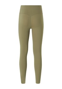 Olijfgroene legging met een hoge tailleband, een gladde textuur en een aansluitend design. Geen zichtbare patronen of hardwaredetails.