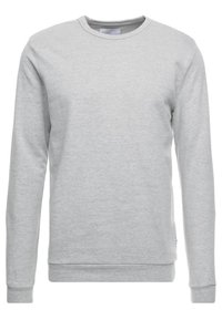Sweatshirt gris à col rond fabriqué en un doux mélange de coton. Il possède des manches longues ainsi que des poignets et un ourlet côtelés. Texture lisse, sans motifs ni accents.