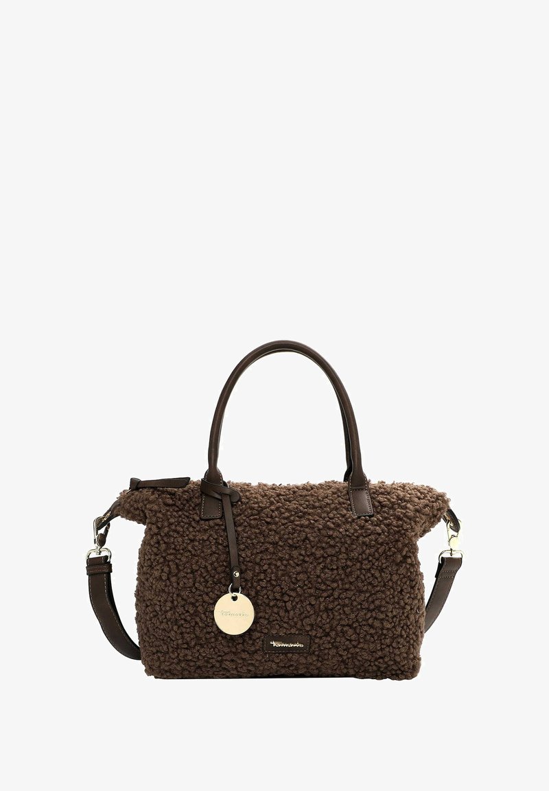 Brun texturerad handväska med en plyschig, fuzzy yta och läderdetaljer. Har dubbla handtag och en justerbar axelrem.