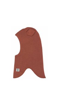 Balaclava tricotat de culoare ruginită, cu o formă ajustată, vârf rotunjit și mici accente pentru urechi. Include un etichetă pe lateral pentru branding.
