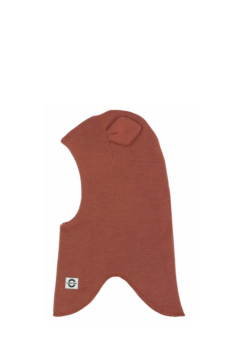 Balaclava tricotat de culoare ruginită, cu o formă ajustată, vârf rotunjit și mici accente pentru urechi. Include un etichetă pe lateral pentru branding.