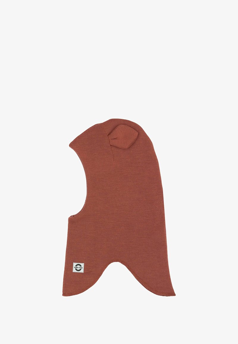 Balaclava tricotat de culoare ruginită, cu o formă ajustată, vârf rotunjit și mici accente pentru urechi. Include un etichetă pe lateral pentru branding.