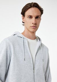 Helle graue Zip-Hoodie aus weichem Material. Verfügt über eine Kapuze mit Kordelzug, einen Frontreißverschluss und gerippte Bündchen. Einfaches Design mit minimalen Details.