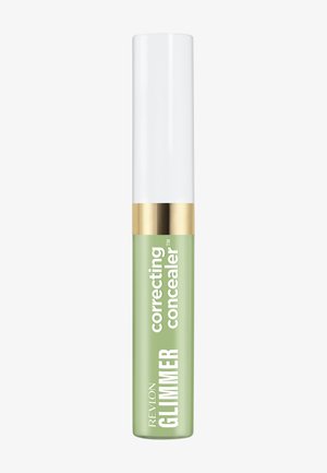 Revlon Glimmer grøn korrigerende concealer med hvid hætte og gyldt bånd, designet til at neutralisere hudmisfarvning.