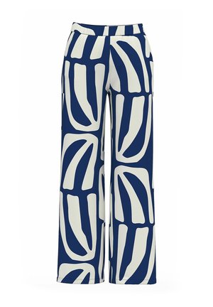 Wide-leg trousers with a navy blue and white abstract geometric pattern, featuring a high waist and side pockets.