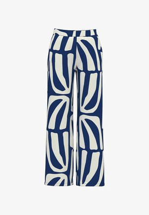 Wide-leg trousers with a navy blue and white abstract geometric pattern, featuring a high waist and side pockets.