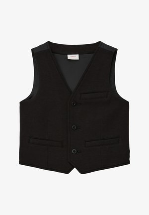 Zwarte vest met een V-hals, vijf knopen aan de voorkant en twee zijzakken. Gemaakt van een gladde stof, met gestikte details langs de randen.