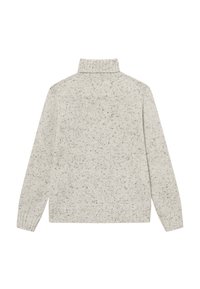 Helles graues, strukturiertes Strickoberteil mit hohem Kragen, langen Ärmeln und geripptem Saum. Verfügt über Sprenkel in dunklerer Farbe für zusätzliche Details.