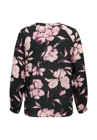 Kwiatowa bluzka w czarnym kolorze z różowymi i fioletowymi kwiatami. Posiada długie rękawy z elastycznymi mankietami oraz luźny krój. Gładka, lekka tkanina.