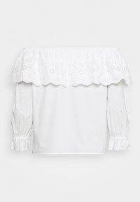 Weiße, schulterfreie Bluse mit besticktem Rüschensaum und langen, gerafften Ärmeln. Hergestellt aus leichtem Stoff mit glatter Textur.