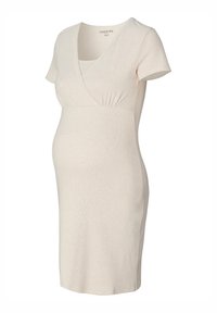 Ljusbeige kortärmad gravidklänning med V-ringning, insvängd design och rynkad detalj under bysten, storlek XS/S.