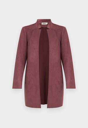 Μακρύ ανοιχτό παλτό σε μωβ απόχρωση με γιακά, μακριά μανίκια και λεία υφή, παρουσιάζεται σε ουδέτερο ανοιχτό φόντο.