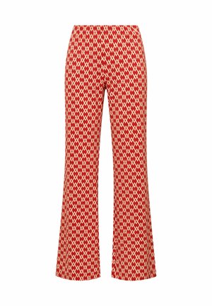 Pantaloni a gamba larga rossi e beige con un motivo a diamante ripetuto e vita elasticizzata, mostrati su sfondo bianco.