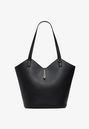 Sac fourre-tout en cuir noir avec deux bretelles et une fermeture métallique pointue au centre supérieur.