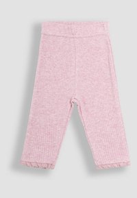 Pink ribbed leggings with a soft texture, featuring a scalloped hem at the ankles. Elastic waistband for comfort.