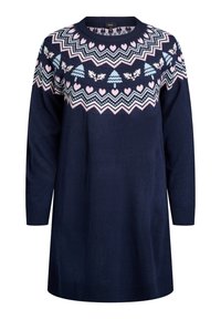 Marineblå strikket sweater med rund hals og lange ærmer. Har et geometrisk mønster i pink og lys blå med hjerter og træer.
