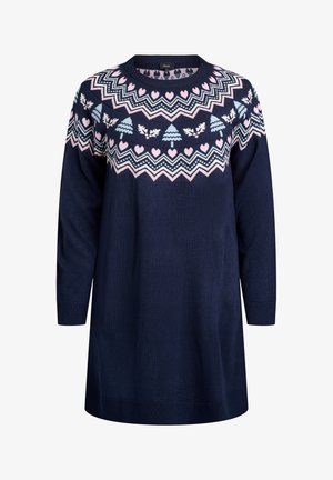 Dunkelblauer Strickpullover mit Rundhalsausschnitt und langen Ärmeln. Verfügt über ein geometrisches Muster in Pink und Hellblau mit Herzen und Bäumen.