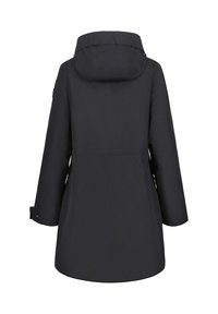 Giacca nera impermeabile con cappuccio, maniche lunghe, taglio dritto e design semplice. Ha una texture liscia e dettagli hardware minimi.