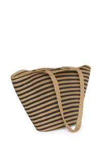 Borsa a rete con forma triangolare, caratterizzata da motivi a strisce neri e naturali, e due manici intrecciati. Tessuta con dettagli frangiati.