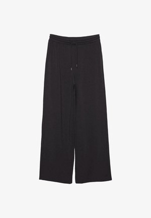 Black wide-leg pants with elastic waistband and drawstring closure, made from soft fabric, displayed against a white background.