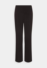 Pantalons larges noirs avec une taille élastique. Le tissu semble lisse avec un léger brillant. Aucune impression visible ni détails en métal.