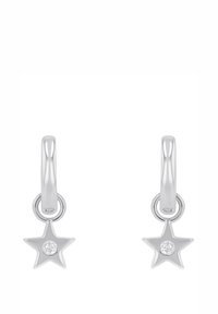 Orecchini a forma di stella in tonalità argento con un cristallo trasparente centrale, caratterizzati da un design a cerchio con attacco a perno.