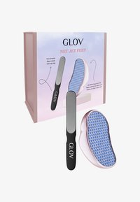 Die GLOV NET JET FEET Fußfeile verfügt über einen schwarzen Griff mit einer strukturierten grauen Feilfläche und einer pinken Fußskulptur-Basis im Wabenmuster.