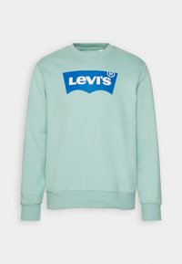 Ljusgrön crewneck sweatshirt med blå och vit Levi's-logga centrerad på bröstet, långa ärmar och ribbade muddar och fåll.