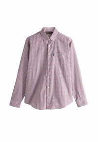 Camisa de manga larga a cuadros rojos y marinos, de tela de algodón, con cuello abotonado, un bolsillo en el pecho, corte regular y cierre frontal con botones.