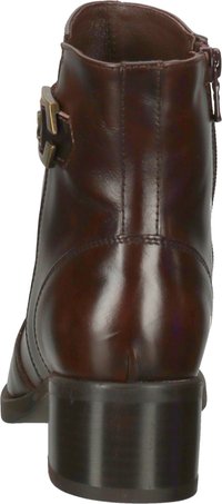 Braune Leder-Stiefelette mit runder Spitze, seitlichem Reißverschluss und dekorativem Riemen mit goldfarbener Schnalle, ausgestattet mit einem niedrigen Blockabsatz.