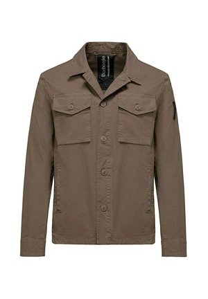 Giacca marrone leggera con colletto, due tasche frontali e chiusura con bottoni. Presenta una trama sottile e un'etichetta su una manica.