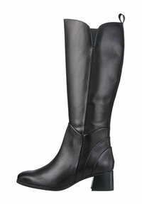 Stivali neri in pelle al ginocchio con punta rotonda, finitura texture, tacco a blocco e un sottile design del pannello laterale. Presenta un pratico tallone sul retro.