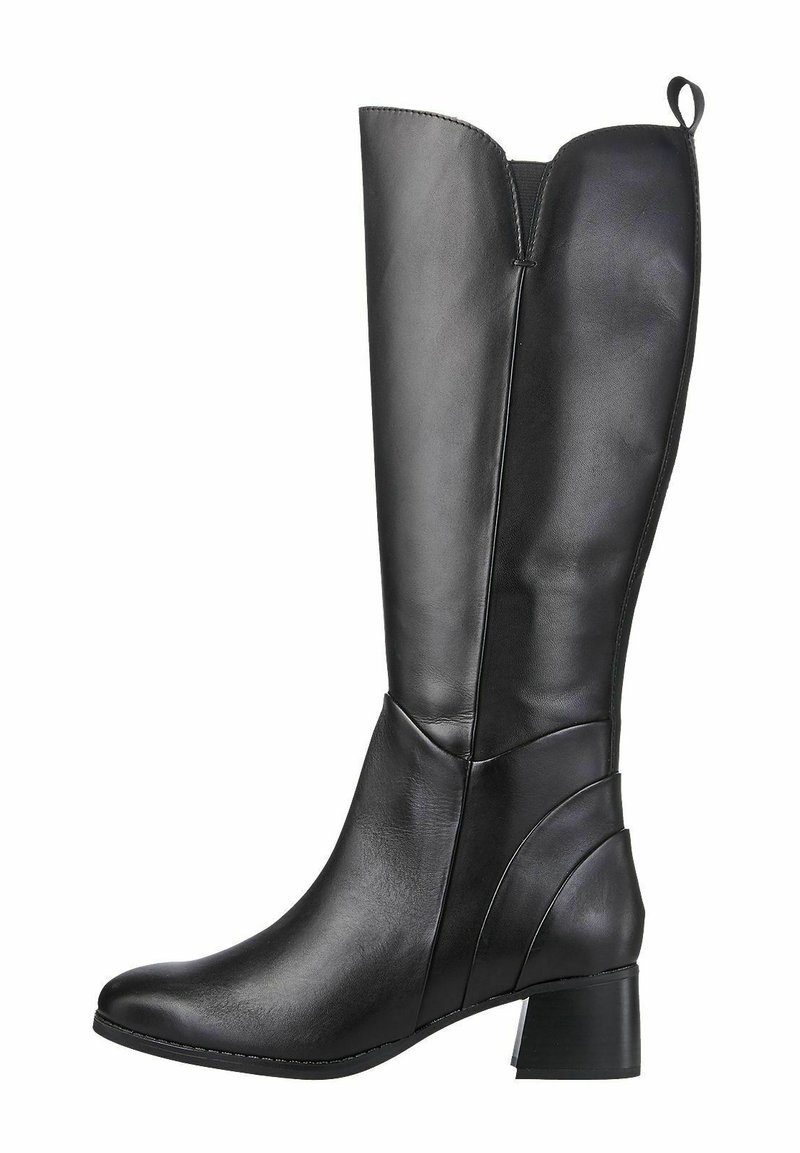 Stivali neri in pelle al ginocchio con punta rotonda, finitura texture, tacco a blocco e un sottile design del pannello laterale. Presenta un pratico tallone sul retro.