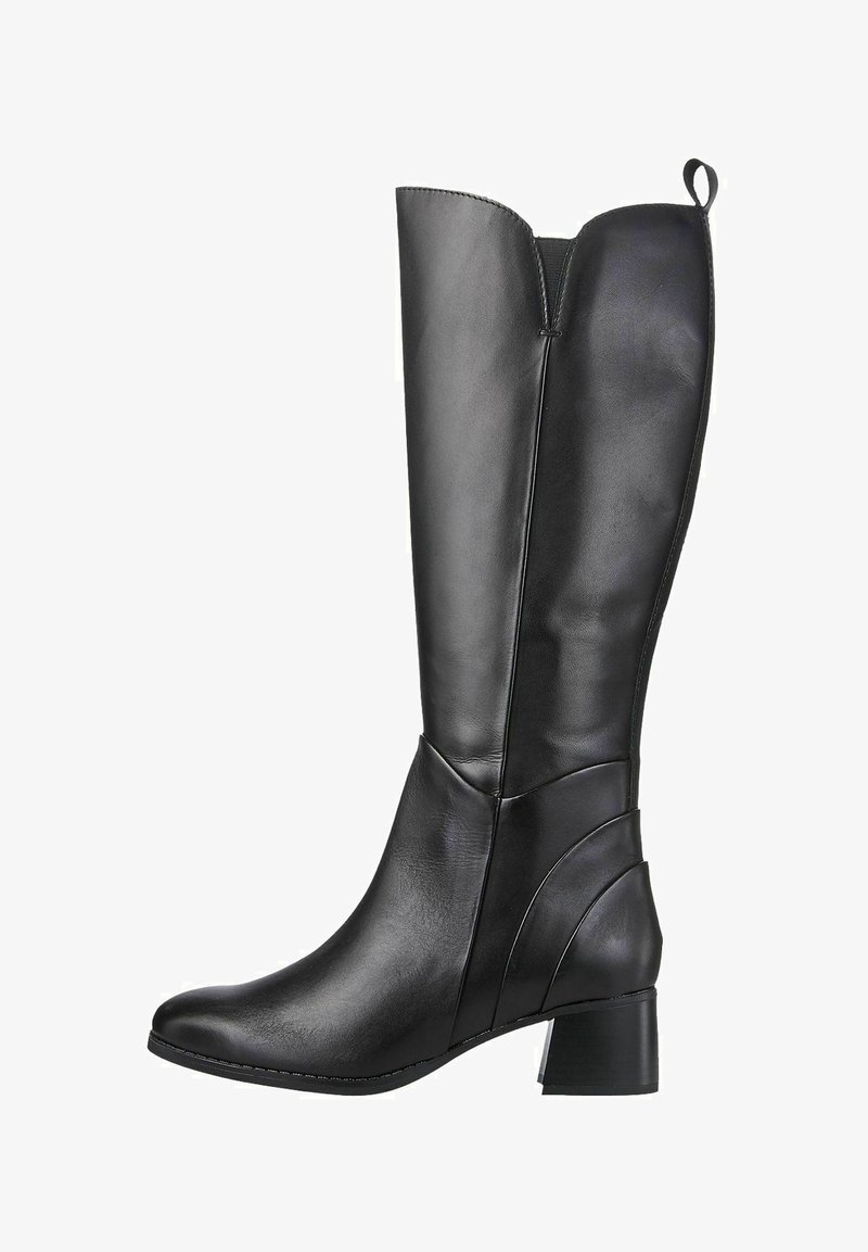 Knöchelhohe schwarze Lederstiefel mit abgerundeter Spitze, strukturiertem Finish, Blockabsatz und subtiler Seitenpaneelgestaltung. Mit einem hinteren Ziehschlauf.